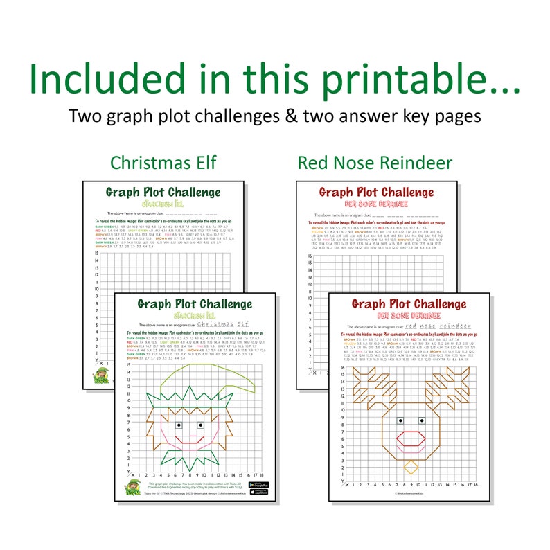 Pode incluir: Desafios de gr&aacute;ficos com tema natalino para impress&atilde;o. A imagem inclui dois desafios: um duende de Natal e uma rena de nariz vermelho. Cada desafio fornece uma grade para tra&ccedil;ar coordenadas para revelar uma imagem oculta. O texto diz "Inclu&iacute;do nesta impress&atilde;o..."
