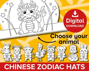 Chinese Zodiac Paper Crown, Lunar New Year of the Snake Party Hat, Mooncake Festival Celebration, Dragon Coloring Craft Activity Printable