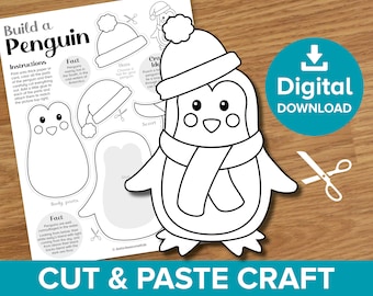 Manualidad de pingüino para cortar y pegar, kit para colorear y construir para Navidad, decoración de muñecos de papel para árbol de Navidad, títere de invierno en la Antártida, actividad imprimible para niños