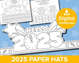 2025 New Year&#39;s Eve Paper Hats, Happy New Year Party Hat Crown, Holiday Decoration Coloring Activity, Countdown Celebration Craft Printable