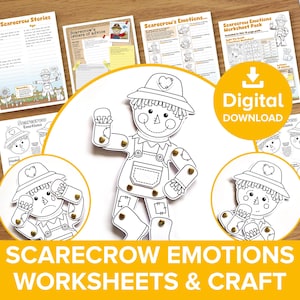 May include: A digital download set featuring a scarecrow craft with movable limbs attached by brass fasteners, alongside multiple educational worksheets titled Scarecrow Stories, Scarecrow's Emotions, and Scarecrow Emotions Worksheet Pack.