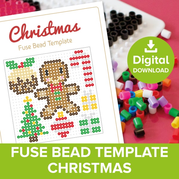 Christmas Fuse Bead Template, Hama Perler Nabbi Beads Gingerbread Man Craft Pattern Gift, Xmas Pudding Tree Candy Present Tutorial Printable