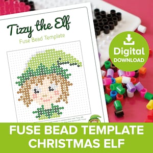 Puede incluir: Una plantilla de cuentas de fusión imprimible que presenta un elfo navideño con un gorro verde y cabello castaño. La plantilla se titula "Tizzy the Elf" e incluye el texto "Fuse Bead Template".