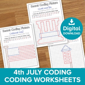 May include: Three printable worksheets for kids to practice coding skills. Each worksheet features a grid with a hidden image that can be revealed by following the directions provided. The directions are based on an anagram of a word related to the 4th of July. The first worksheet features a hidden image of an American flag, the second worksheet features a hidden image of a hat, and the third worksheet features a hidden image of a building.