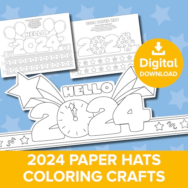 2024 New Year's Eve Paper Hats, Happy New Year Party Hat Crown, Holiday Decoration Coloring Activity, Countdown Celebration Craft Printable