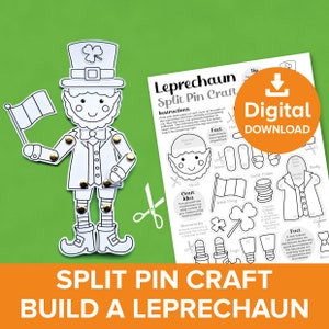 May include: Printable leprechaun split pin craft. The craft includes a leprechaun, hat, shamrocks, gold coins, an Irish flag, and a pot of gold. The instructions are included on the page.  Digital download.
