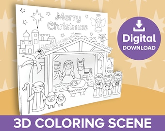 May include: A black and white printable 3D coloring scene of the Nativity story. The scene includes Mary, Joseph, baby Jesus, a donkey, a sheep, and the three wise men. The text "Merry Christmas" is at the top of the scene.