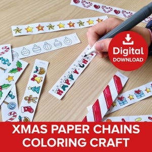 May include: A person's hand coloring a paper chain strip with the text "HAPPY CHRISTMAS". The image shows various Christmas-themed paper chain strips with designs like stars, ornaments, and candy canes. The text "XMAS PAPER CHAINS COLORING CRAFT" is at the bottom.