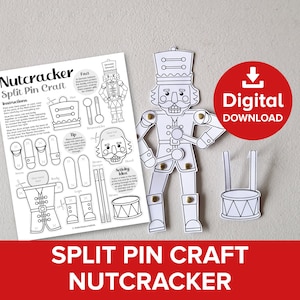 Nötknäpparen-splitnålspyssel, julklipp och klistra färglägg och byggsats, juldocka med leksakssoldat, utskrivbart projekt för julgransdekoration