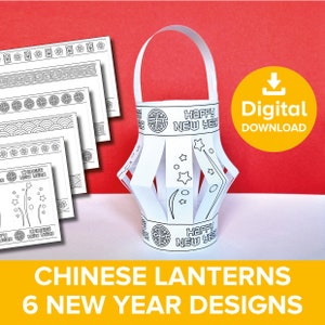 Op de afbeelding: Printbare Chinese nieuwjaarslantaan-knutselvormen. Zes ontwerpen met traditionele patronen en de tekst "Gelukkig Nieuwjaar".