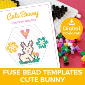 May include: A printable fuse bead template featuring a cute bunny with a heart, flowers, and grass. The template is labeled "Cute Bunny Fuse Bead Template" and "Digital Download".