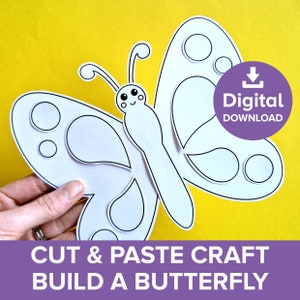 Farfalla da ritagliare e incollare, kit da colorare e costruire per insetti primaverili, modello di giardino estivo, modello di attività artistica con burattini di insetti da cortile