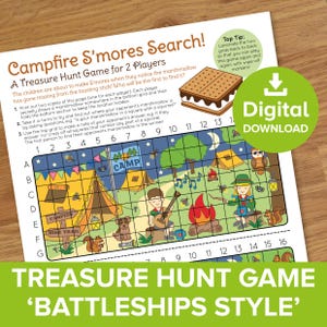 Può includere: Un gioco stampabile di caccia al tesoro Campfire S'mores Search per due giocatori. Il gioco presenta una griglia con illustrazioni a tema campeggio, tra cui tende, falò e creature del bosco. Il testo recita "Download digitale" e "Gioco di caccia al tesoro 'Stile Battleships'".