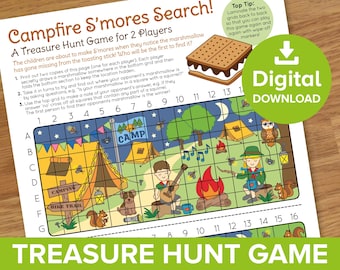 Camping Treasure Hunt Game, Find the Smores 'Battleships Style' Paper Challenge, Scout Camp Summer Activity, Campfire Sleepover Printable