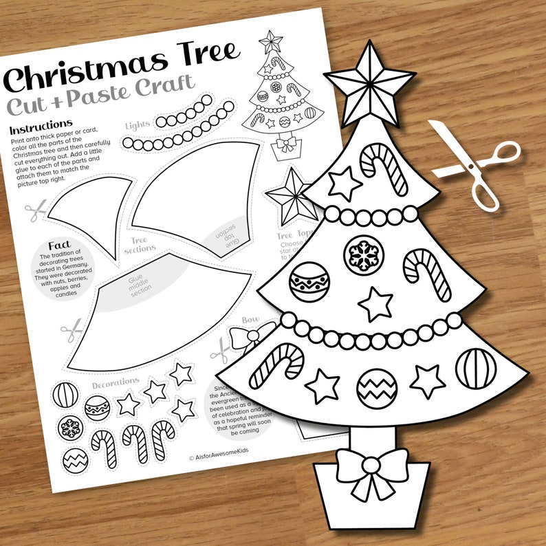 Christmas Tree Cut & Paste Craft, Kids Xmas Card Color and Build Kit ...