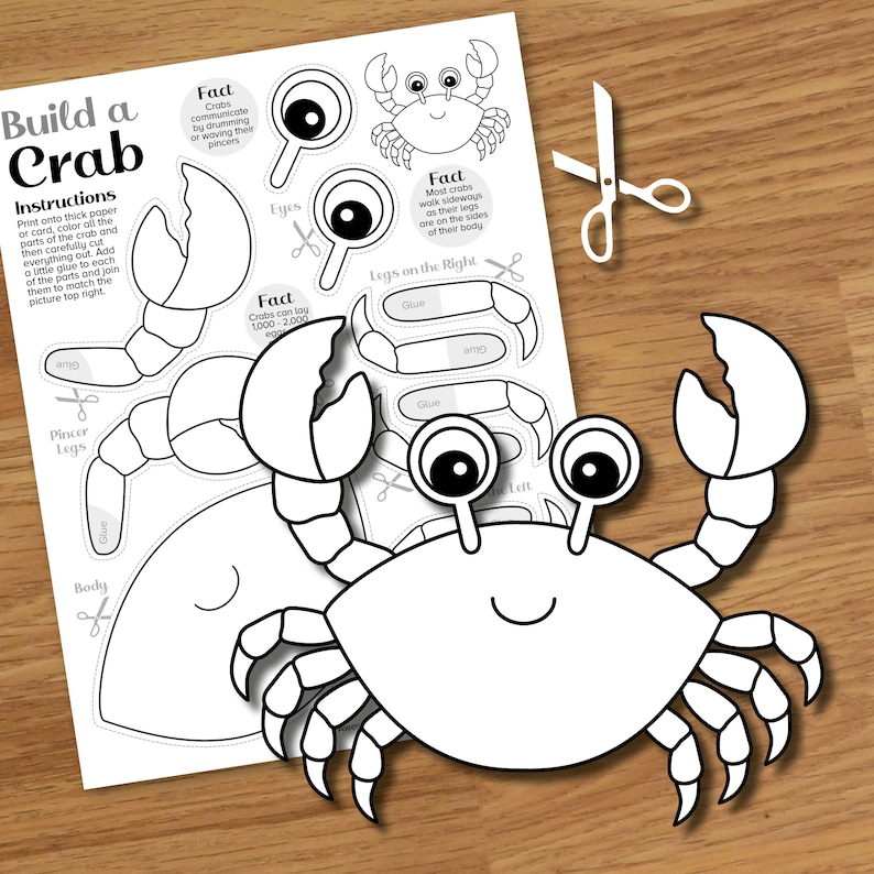 Crab Cut & Paste Craft Printable, Summer Beach Color and Build Art Kit