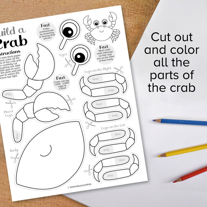 Crab Cut & Paste Craft Printable, Summer Beach Color and Build Art Kit
