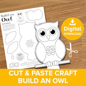 Build an Owl Cut & Paste Craft, Autumn Bird Coloring Printable Kit, Kids Make Stick Nocturnal Art Activity, Fall Woodland Animals Download