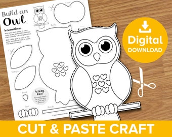 Build an Owl Cut & Paste Craft, Autumn Bird Coloring Printable Kit, Kids Make Stick Nocturnal Art Activity, Fall Woodland Animals Download