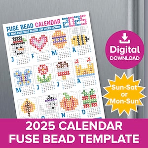 Fuse Bead Calendar 2025, New Year Mini Pixel Art Pattern, Hama Perler Pyssla Craft Template, Yearly Planner Fun Kids Printable Activities