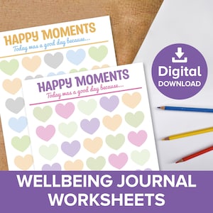 Happy Moments WellbeingJournaal, 30 dagen dankbaarheidstracker afdrukbaar, zelfzorggrafiek dagelijkse emoties, kindermindfulnessdagboek Gelukslogboek