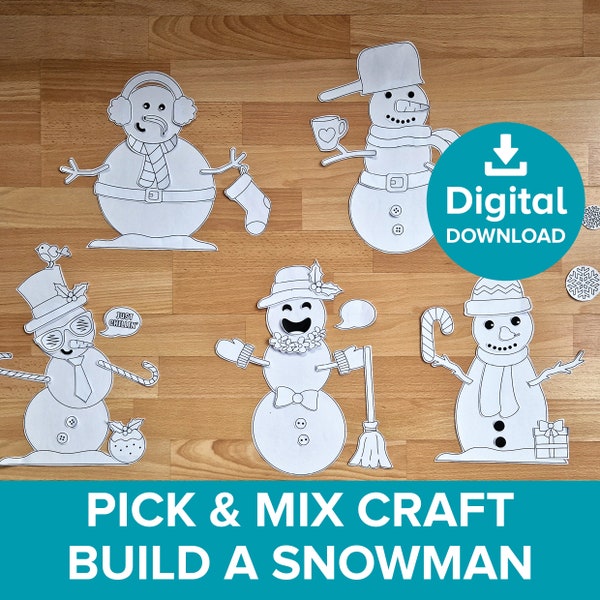 Build a Snowman Craft Printables, Christmas Cut and Paste Winter Templates, Kids Xmas Pick & Mix Decoration, Coloring Activity Project Kit