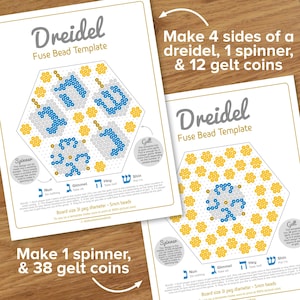 May include: Two printable templates for making a dreidel and a spinner using fuse beads. The templates show the layout of the beads needed to create each item. The text on the templates includes instructions for making the dreidel and spinner, as well as the number of beads needed for each item. The text also includes the Hebrew letters for each side of the dreidel.