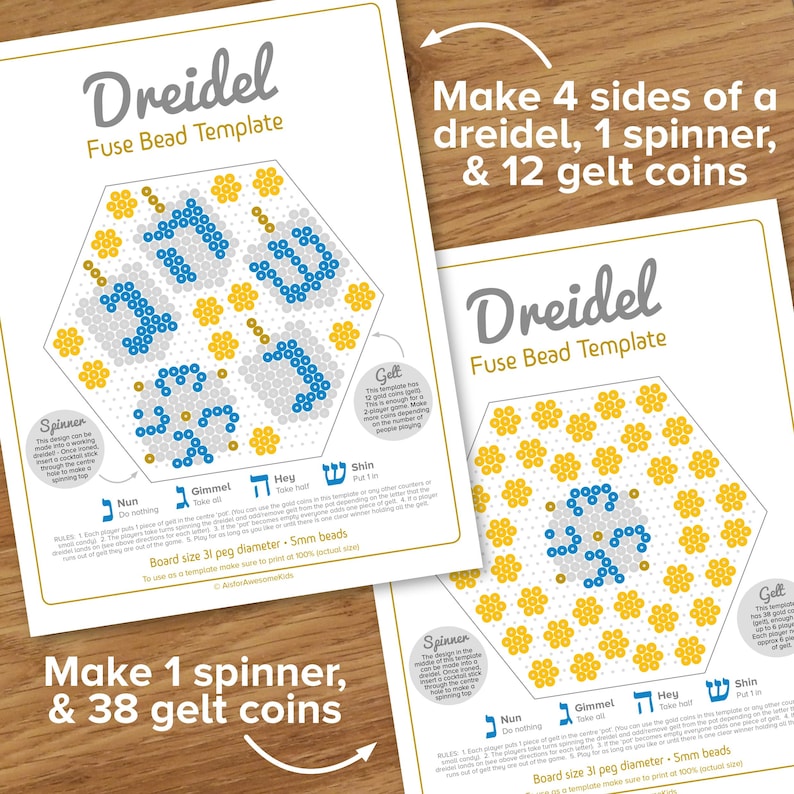 May include: Two printable templates for making a dreidel and a spinner using fuse beads. The templates show the layout of the beads needed to create each item. The text on the templates includes instructions for making the dreidel and spinner, as well as the number of beads needed for each item. The text also includes the Hebrew letters for each side of the dreidel.