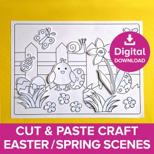 Könnte beinhalten: Eine druckbare Ausschneide- und Klebe-Bastelvorlage mit einer Frühlingsszene mit einem Küken, einem Schmetterling, einer Schnecke, einem Marienkäfer, Blumen, Gras und Ostereiern. Die Vorlage ist ein digitaler Download.