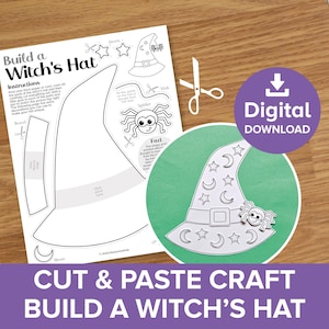 Puede incluir: Un kit de manualidades imprimible para construir un sombrero de bruja. El kit incluye instrucciones, una plantilla de sombrero y elementos decorativos como estrellas, lunas y una araña. El texto incluye "Construye un sombrero de bruja".
