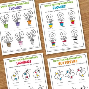 May include: Colour mixing worksheet for kids featuring flowers, ladybugs, and butterflies. Each image has a colour mixing activity with instructions to colour the objects by mixing the colours of their spots together.