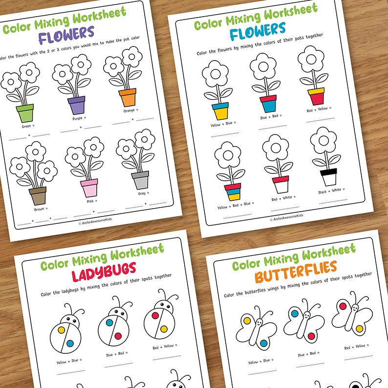 May include: Colour mixing worksheet for kids featuring flowers, ladybugs, and butterflies. Each image has a colour mixing activity with instructions to colour the objects by mixing the colours of their spots together.