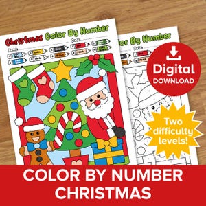 Peut inclure: Deux pages de coloriage par numéros sur le thème de Noël. L'une est en couleur, avec le Père Noël, un sapin de Noël et un bonhomme en pain d'épices. L'autre est un contour en noir et blanc. Le texte comprend "Christmas Color By Number" et "Digital Download."