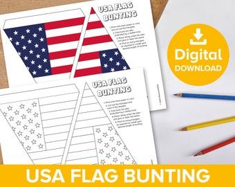 USA Flag Bunting, 4th July American Flag Stars & Stripes Colouring Page, Independence Day Celebrations Decoration, Color Printable Activity