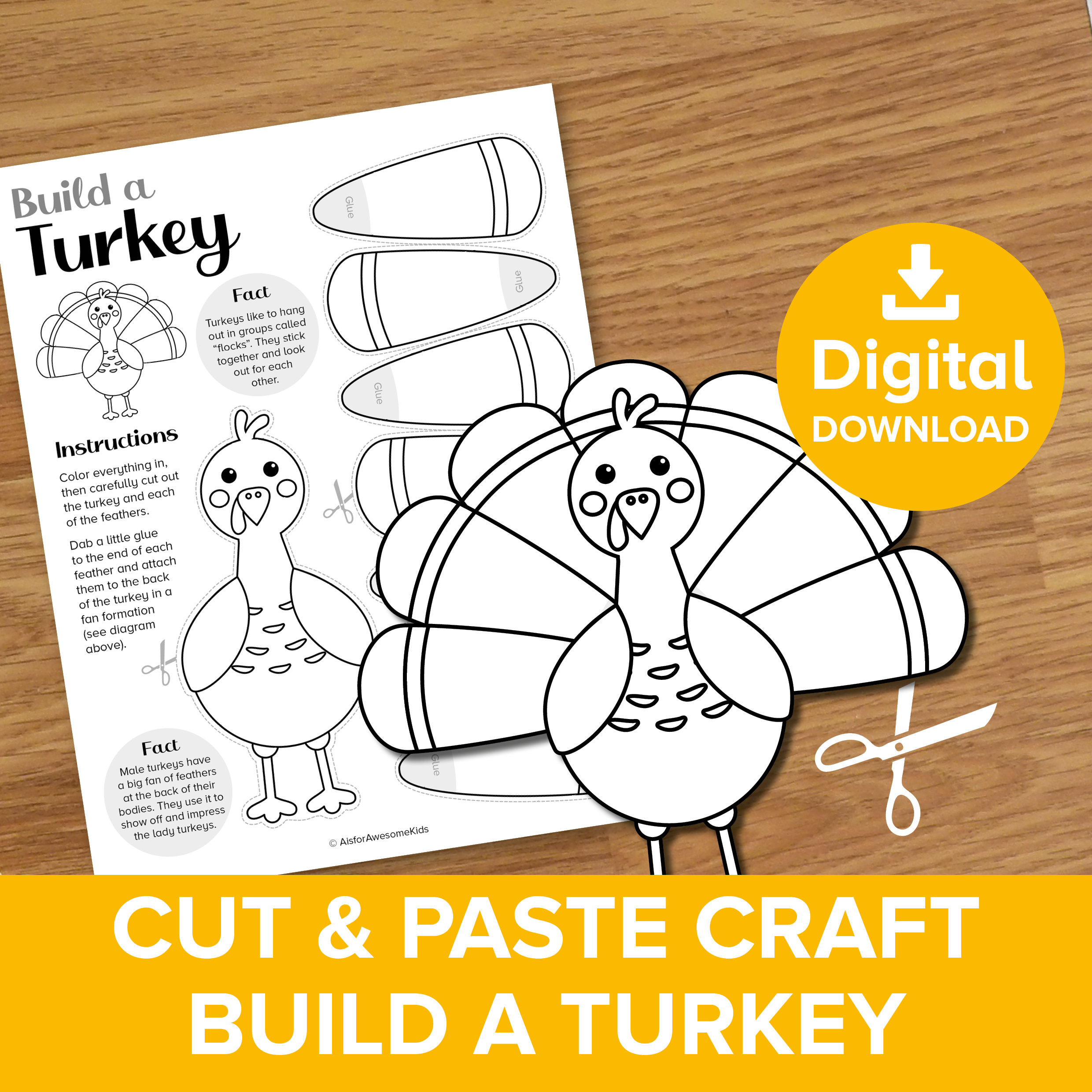 Build a Turkey Cut & Paste Craft, Thanksgiving Bird Coloring Printable