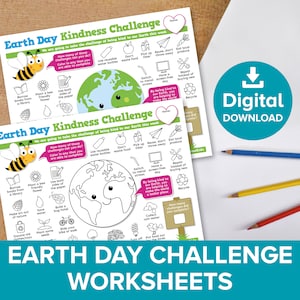 May include: Two printable Earth Day Kindness Challenge worksheets feature a cartoon bee and a green Earth with a smiling face. The worksheets include a list of activities to complete, such as planting a bee-friendly flower, using both sides of the paper, and picking up litter. The worksheets are designed to encourage children to be kind to the environment.