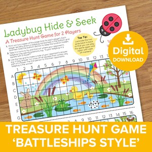 Puede incluir: Un tablero de juego imprimible para un juego de escondite de mariquita. El tablero de juego presenta una ilustración colorida de un arcoíris, un estanque, un pato, una rana, una mariposa, un conejo y una cometa. El tablero de juego está dividido en una cuadrícula de 7x16 con las letras A a G en el lado izquierdo y los números del 1 al 16 en la parte superior. El texto "Treasure Hunt Game 'Battleships Style'" está en la parte inferior del tablero.