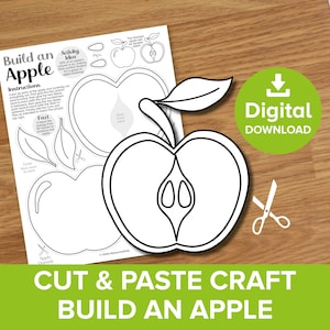 May include: A black and white printable craft activity for kids to cut and paste to build an apple. The printable includes a full apple, a cut apple, a leaf, and an apple core. The text on the printable says "Build an Apple", "Activity Idea", "Fact", "Leaf", "Glue back to back", "Glue Core here", "Apple Outside", and "Pip".