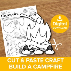 Lagerfeuer Cut & Paste Craft Printable, Sommer Camping Mal- und Build Art Kit, Scout Lagerfeuer-Modell, Anleitungen für geröstete Marshmallow-Färbung