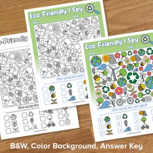 May include: Two black and white printable worksheets with a color background. The worksheets are titled "Eco-Friendly I Spy" and feature a variety of eco-friendly images, such as a recycling symbol, a light bulb, a bicycle, a bee, a tree, and a wave. The worksheets include a "How many can you find?" section with a grid for counting the images.