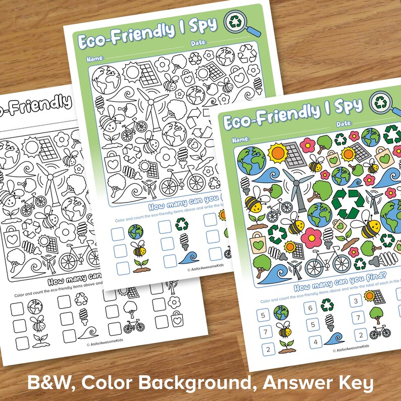 May include: Two black and white printable worksheets with a color background. The worksheets are titled "Eco-Friendly I Spy" and feature a variety of eco-friendly images, such as a recycling symbol, a light bulb, a bicycle, a bee, a tree, and a wave. The worksheets include a "How many can you find?" section with a grid for counting the images.