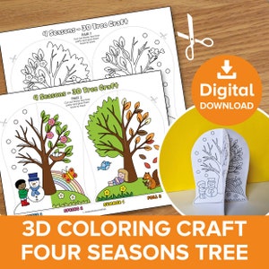 May include: Printable 3D coloring craft of a tree with four seasons. The tree is divided into four sections, each representing a different season: winter, spring, summer, and fall. The craft is designed to be cut out and glued together to create a 3D model.