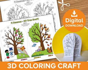 May include: Printable 3D coloring craft of a tree with four seasons. The tree is divided into four sections, each representing a different season: winter, spring, summer, and fall. The craft is designed to be cut out and glued together to create a 3D model.