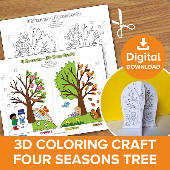 3D Seasonal Tree Coloring Craft, Four Seasons Educational Paper