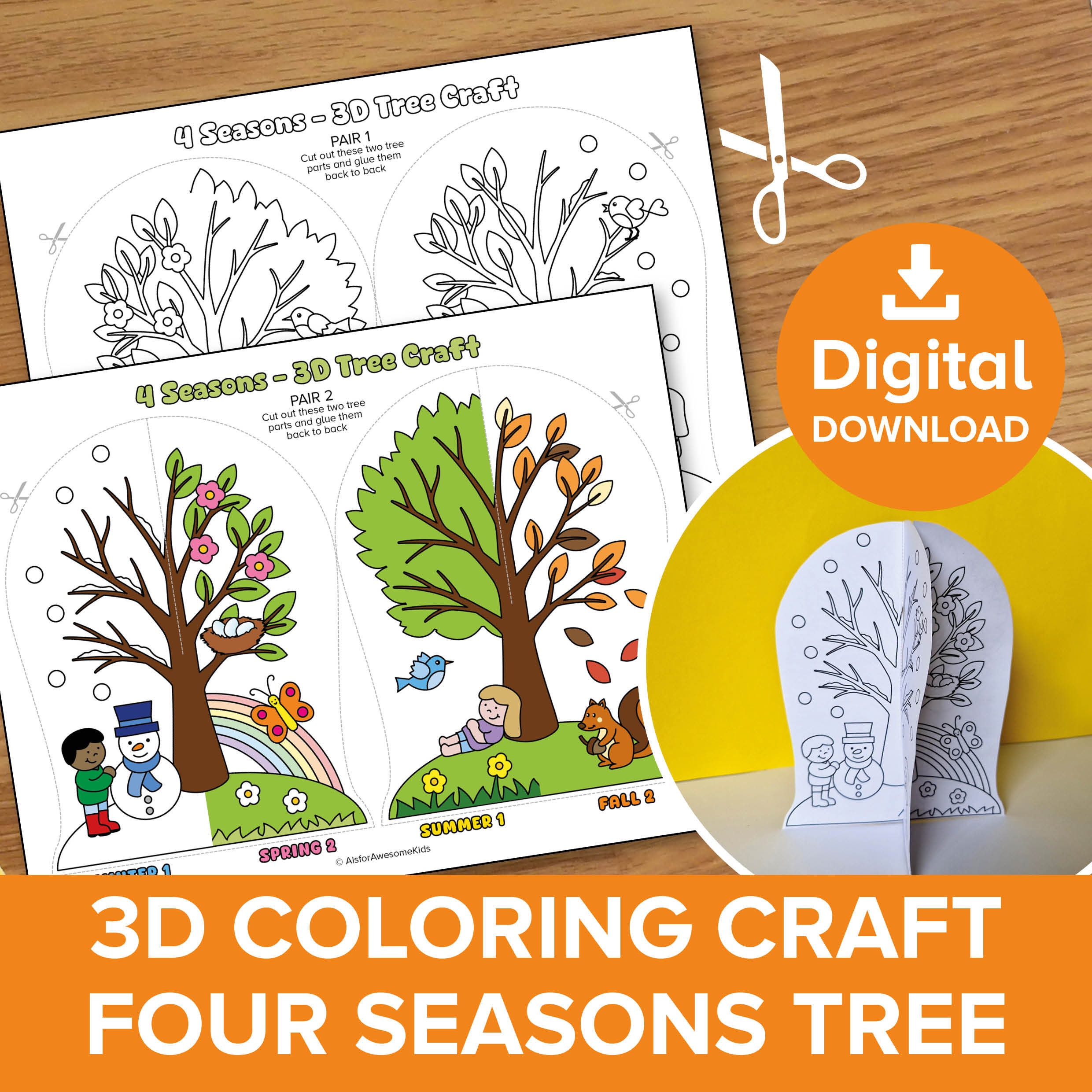 3D Seasonal Tree Coloring Craft, Four Seasons Educational Paper
