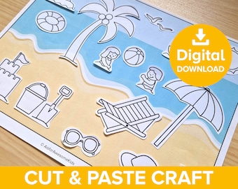 Manualidad para cortar y pegar con escenas de playa, actividad para colorear junto al mar, hoja de trabajo para las vacaciones de verano, arte imprimible para recordar las vacaciones, modelo de sol y arena