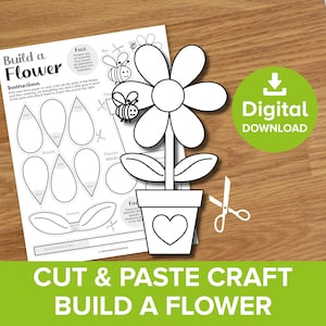 Stampabile lavoretto con fiori ritagliati e incollati, attività artistica da colorare per costruire un vaso primaverile, modello per coltivare un giardino estivo, regalo di San Valentino sulla natura