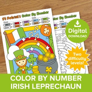 May include: Two St. Patrick's Day themed color-by-number pages. One is colored, and the other is a black and white outline. The images include a leprechaun, rainbow, pot of gold, and Irish flag. The text says "Digital Download" and "Two difficulty levels!"