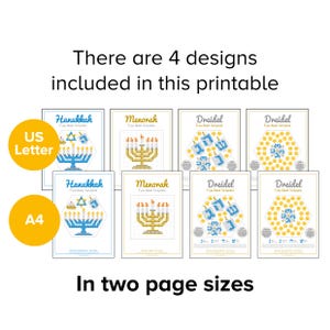 May include: Printable templates for creating fuse bead designs. The designs include a menorah, dreidel, and Hanukkah symbols. The templates are available in US Letter and A4 sizes.