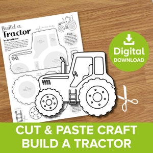 Trattore da ritagliare e incollare, progetto di stampa per colorare e costruire veicoli da fattoria primaverili, kit di modelli di carta per agricoltori, modello di attività agricola